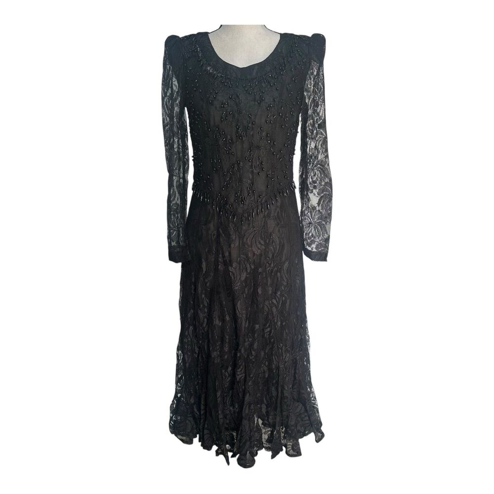VTG 90s Karin Stevens Black Lace Beaded Dress Goth Whimsigoth Wedding Evening Sm